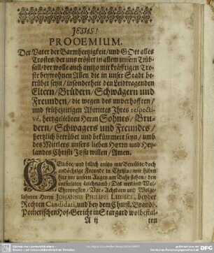 Leichenpredigt : Christliche Leich-Predigt. Prooemium. Textus. Exordium. Exegesis. II. Ander Theil