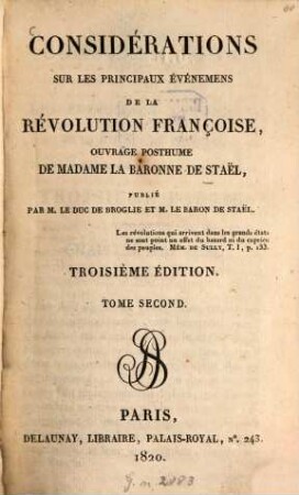 Considérations sur les principaux événemens de la révolution françoise : ouvrage posthume. 2