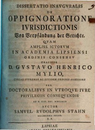 Dissertatio Inavgvralis De Oppignoratione Ivrisdictionis : = Von Verpfändung der Gerichte