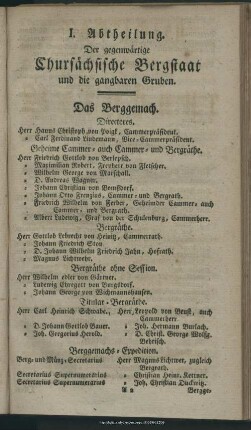 I. Abtheilung. Der gegenwärtige Chursächsische Bergwerksstaat und die gangbaren Gruben