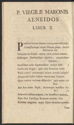 P. Virgilii Maronis Aeneidos Liber X. = Der Aeneis des P. Virgilius Maro Zehentes Buch.