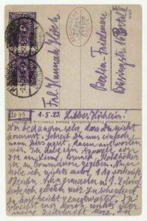 Postkarte von Kurt Schwitters an Hannah Höch mit Abbildung: "Kurt Schwitters. Konstruktion für edle Frauen", Hannover