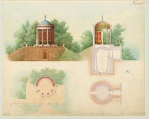Pavillon über einem Eiskeller Monatskonkurrenz Dezember 1849: Grundriss Keller, Erdgeschoss, Aufriss Seitenansicht, Querschnitt; Maßstabsleiste