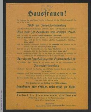 Flugblatt Nr. 8 Ausschuß der Frauenverbände Deutschlands - "Hausfrauen!"