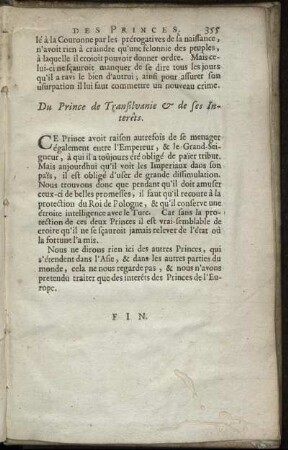 Du Prince de Transilvanie & de ses Interêts