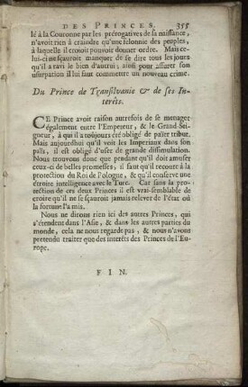Du Prince de Transilvanie & de ses Interêts