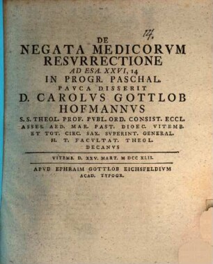 De negata medicorum resurrectione, ad Esa. 26, 14 : [Progr. pasch.]