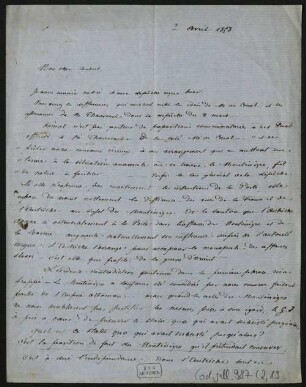 52 Briefe, Originale bzw. Abschriften: Diplomatische Korrespondenz der Hauptakteure der Montenegropolitik der Jahre 1857-1861 - BSB Cod.gall. 987(1-5, Teil 2,13. The Henri Delarue - Hyacinthe Hecquard correspondence, 1857-1858 (33 original confidential letters), Nr. 13: April 2, 1858 - BSB Cod.gall. 987(2,13