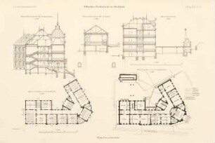 Wilhelms-Realschule, Stuttgart: Grundriss KG, 2.OG 1:400, Schnitte 1:300 (aus: Atlas zur Zeitschrift für Bauwesen, hrsg. v. Ministerium der öffentlichen Arbeiten, Jg. 47, 1897)