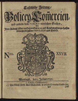 Nro. XXVII, Montags, den 1. Julius 1737
