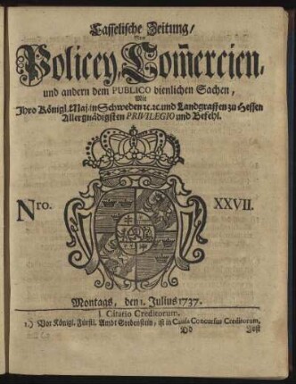 Nro. XXVII, Montags, den 1. Julius 1737