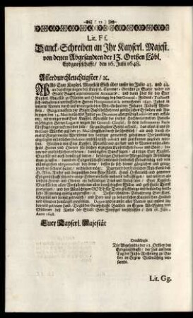 Lit. Ff. Danck-Schreiben an Ihr Kayserl. Majest. von denen Abgesandten der 13. Orthen Löbl. Eydgnoßschafft/ den 16. Julii 1648.