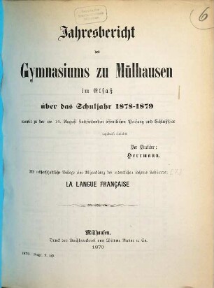 Jahresbericht des Gymnasiums zu Mülhausen i.E. : Schuljahr ..., 1878/79