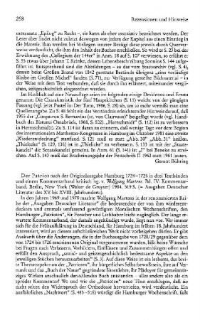 Der Patriot, nach der Originalausgabe Hamburg 1724 - 1726 in drei Textbänden und einem Kommentarband kritisch hrsg. von Wolfgang Martens, Band 4, Kommentarband, (Ausgaben deutscher Literatur des XV. bis XVIII. Jahrhunderts, 109) : Berlin u.a., de Gruyter, 1984