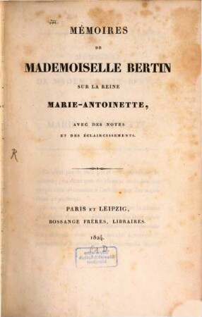 Mémoires de Mademoiselle Bertin sur la reine Marie-Antoinette