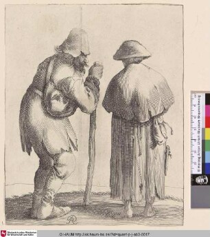 [Ein Bettler mit einem Stock, rechts daneben eine Bettlerin; Two beggars. A male beggar at left, seen in profile to right, a woman standing at right, seen from behind]