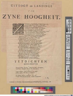 Uittogt en Landinge Van Zyne Hoogheit : Tytdichten. 1688.