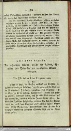Zwölftes Kapitel. Die technischen Künste, welche das Färben, Bemalen und Bedrucken von mancherley Waare besorgen