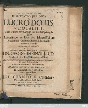 Disputatio Iuridica De Lucro Dotis, ac Dotalitii