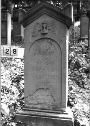 Grabstein 228 (Index: 99790284) Zustand: weiter verwittert Maße HxBxT: 153x62x26 cm Symbolik: geflügelte Sanduhr: Grabstein 228