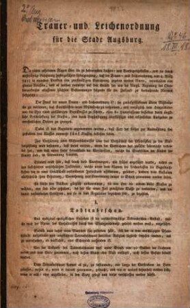 Trauer- und Leichenordnung für die Stadt Augsburg : [Augsburg, den 18. März 1826.]