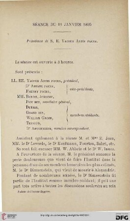 Séance du 11 janvier 1895: présidence de S. E. Yacoub Artin Pacha