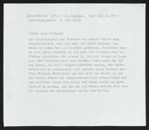 Brief von Gerhart Hauptmann an Otto Hettner