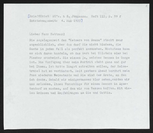 Brief von Gerhart Hauptmann an Otto Hettner