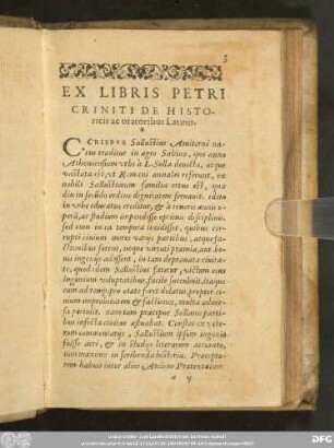 Ex Libris Petri Criniti De Historicis ac oratoribus Latinis.