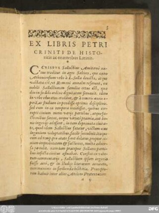 Ex Libris Petri Criniti De Historicis ac oratoribus Latinis.
