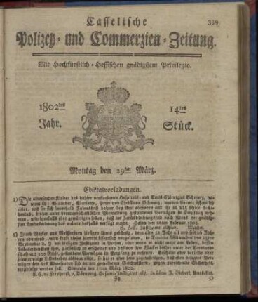 14tes Stueck, Montag den 29ten Maerz 1802