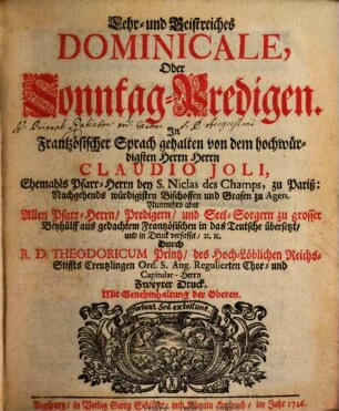 Lehr- und Geistreiches Dominicale, Oder Sonntag-Predigen