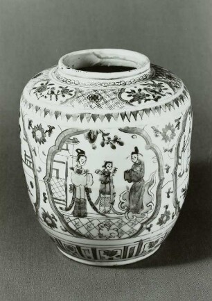 Topf mit figürlicher Darstellung und rahmender Ornamentik
