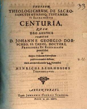 Theseon theologicarum de sacrosanctis utriusque testamenti sacramentis centuria
