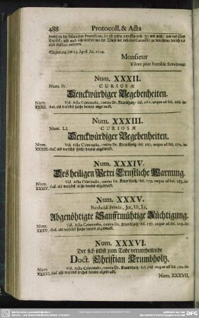 Num. XXXII. Curiosae Denckwürdiger Begebenheiten