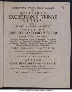 Dissertatio Inavgvralis Medica De Qvibvsdam Excretionis Vrinae Vitiis