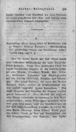 Beskrifning öfver norra Delen af Stockholms län / af Fredr. Vilh. Radloff. - Upsala, 1804. - Beschreibung des nördlichen Theils von Stockholms-Lehn 
