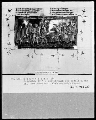 Weltchronik des Rudolf von Ems — Joab ermordet Abner, Folio 148verso