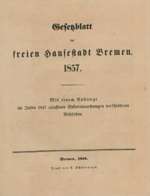 1857: Gesetzblatt der Freien Hansestadt Bremen