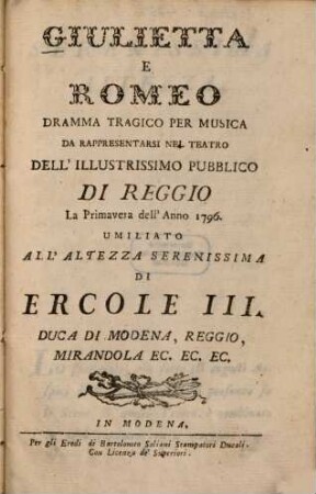 Giulietta e Romeo : Dramma tragico per musica