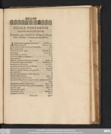 Index Posterior Rerum Praecipuarum. Numerus prior Romanus designat Librum, alter titulum, ultimus paragraphum.