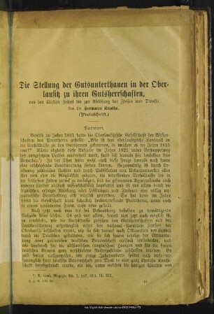 Die Stellung der Gutsunterthanen in der Oberlausitz zu ihren Gutsherrschaften, von den ältesten Zeiten bis zur Ablösung der Zinsen und Dienste