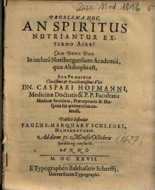 Problema Hoc, An Spiritus Nutriantur Externo Aëre?