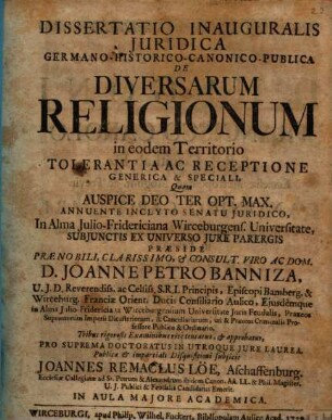 Diss. inaug. iur. Germ. hist. can. publ. de diversarum religionum in eodem territorio tolerantia ac receptione generica & speciali