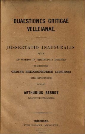 Quaestiones criticae Velleianae : Diss. inaug.
