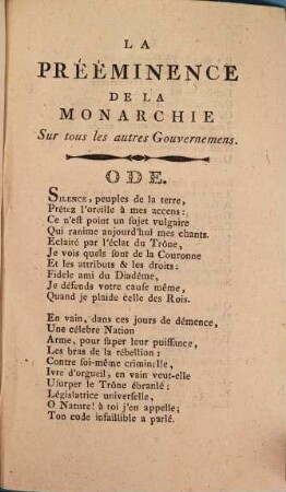 La Prééminence De La Monarchie Sur Tous Les Autres Gouvernemens : Ode
