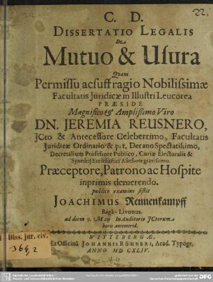 Dissertatio Legalis De Mutuo & Usura