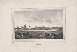 Stadtansicht von Wurzen in Sachsen mit dem Dom St. Marien und der Stadtkirche St. Wenceslai, Blick von Westen über die Mulde, aus der Zeitschrift Saxonia, 2. Band 1836