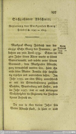 Sechzehnter Abschnitt. Regierung des Markgrafen Georg Friedrich. 1543 - 1603
