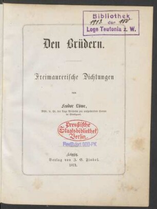 Den Brüdern : freimaurerische Dichtungen